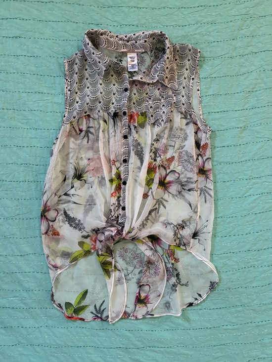 Language Tops - 100% Silk Language white floral button front tank with tie size M semi sheer